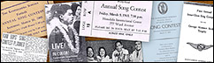 Historical montage of programs, tickets, and newspaper articles from past Song Contest competitions.